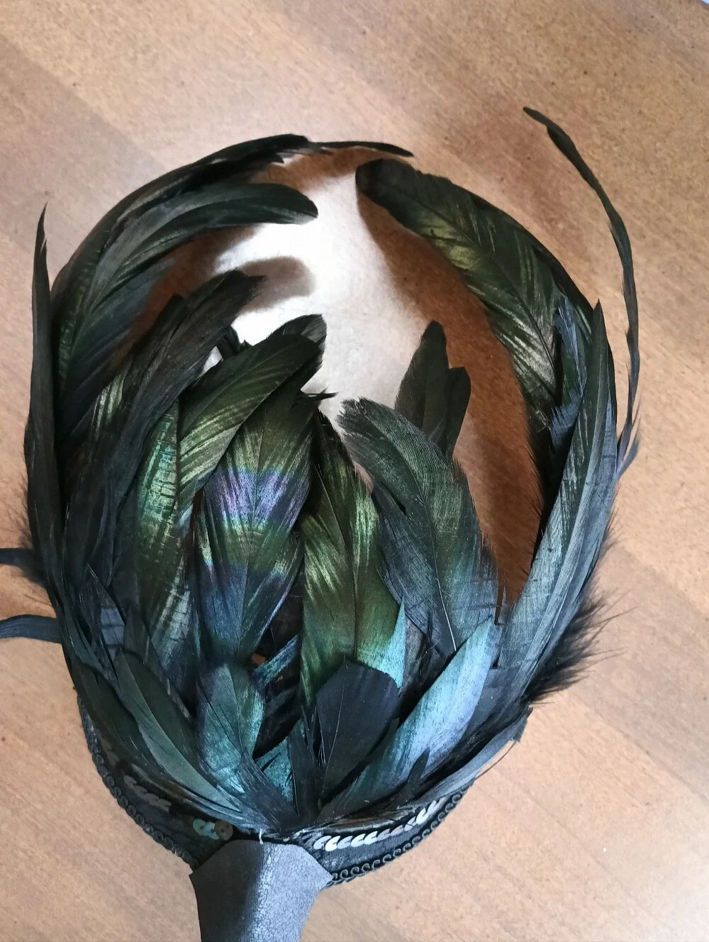 NWT Halloween/Mardi Gras Black & Iridescent Green Feathered Adult Bird Mask